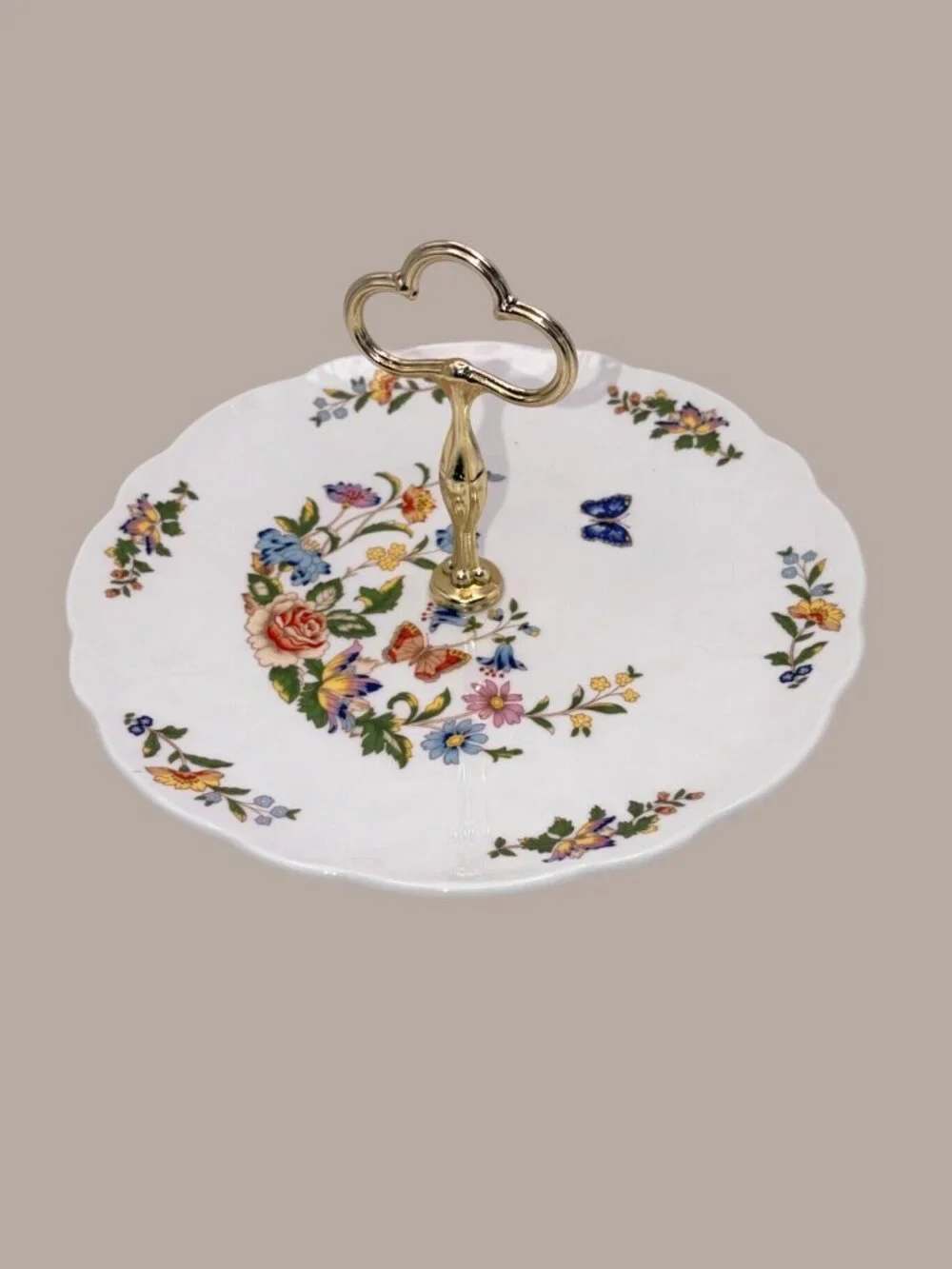Vintage Aynsley Cottage Garden Bone China Cake Plate Metal Handle Floral England